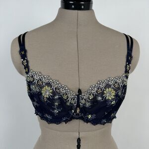 Lisa Charmel Blue Unlined Balconette Bra 32 D Underwire Floral Embroidered Lace